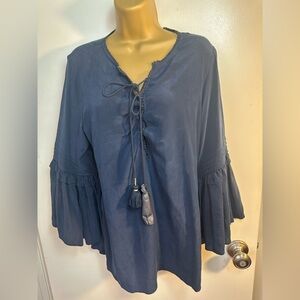 Figue Navy Blue 100%Silk Statement Bell Sleeves Lace Up Tie Tassel Blouse NWOT L